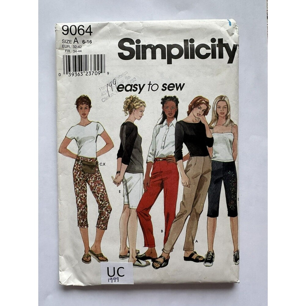 90s SIMPLICITY 9064 SLIM PANTS SHORTS CAPRIS BELT-BAG PATTERN SIZES 6-16 UNCUT